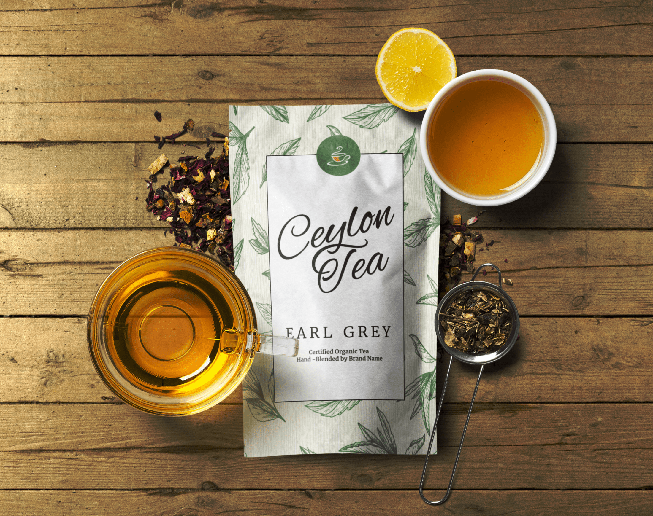 This mockup will give you a picture of how your tea box looks like after it is produced. Tea Package Mockup Scene