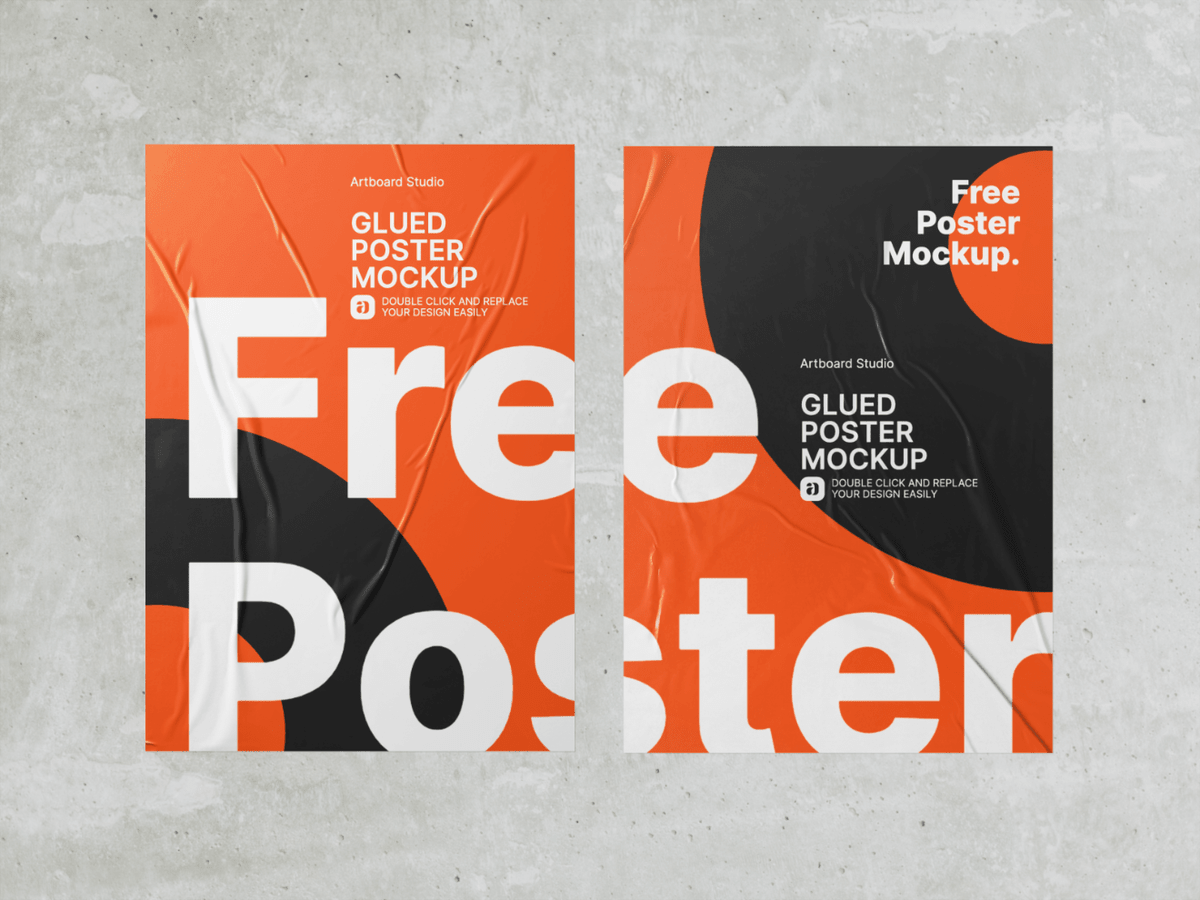A rendered mockup of a poster hanging from a ceiling. Free Glued Poster Mockup Template