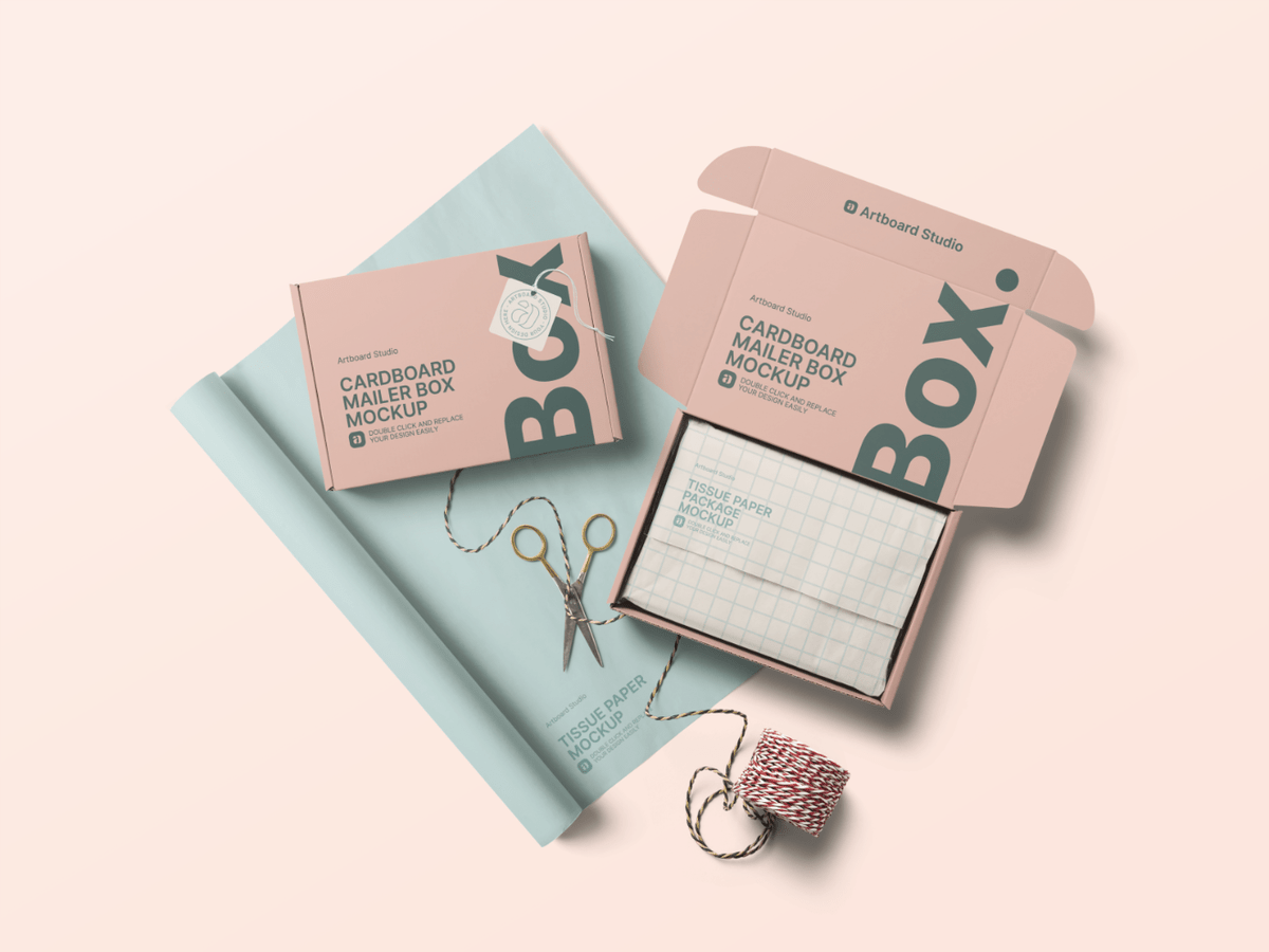 Photo Free tissue paper box mockup psd file to download. Cardboard Mailer Box Wrapping Tissue Paper Mockup Template